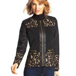 Chico’s Ponte Lace Mix Jacket Black Faux Leather with gold zipper- Size 0 CB160
